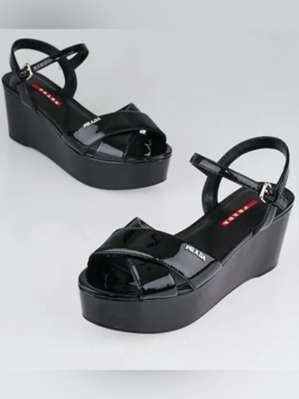 Prada Black Patent Leather Crisscross Platform Wedge Sandals Sz 38